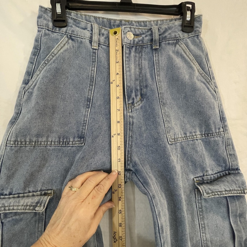 SheIn Jeans Womens 4 Light Wash Blue Cargo Wide Leg High Rise‎ Relaxed Denim - Picture 4 of 11